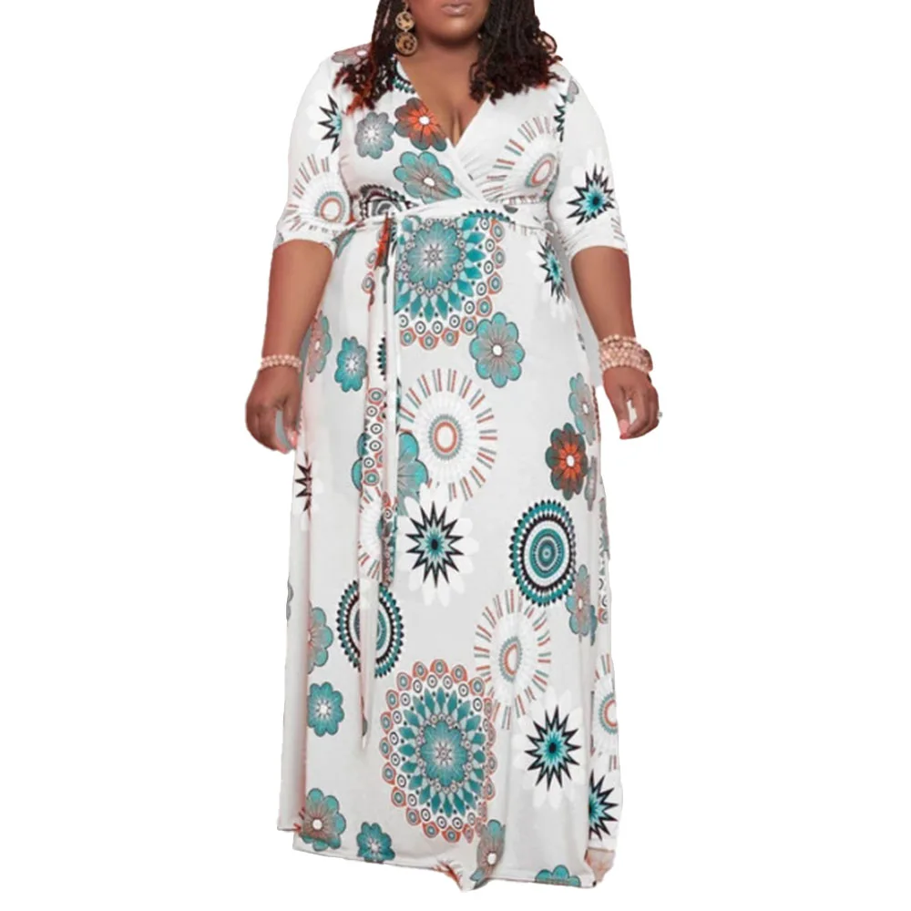 

Summer 2021 Fashion High Waist Temperament Commute Printing Long Women's Dress Oversize African Casual V-neck Sleeve