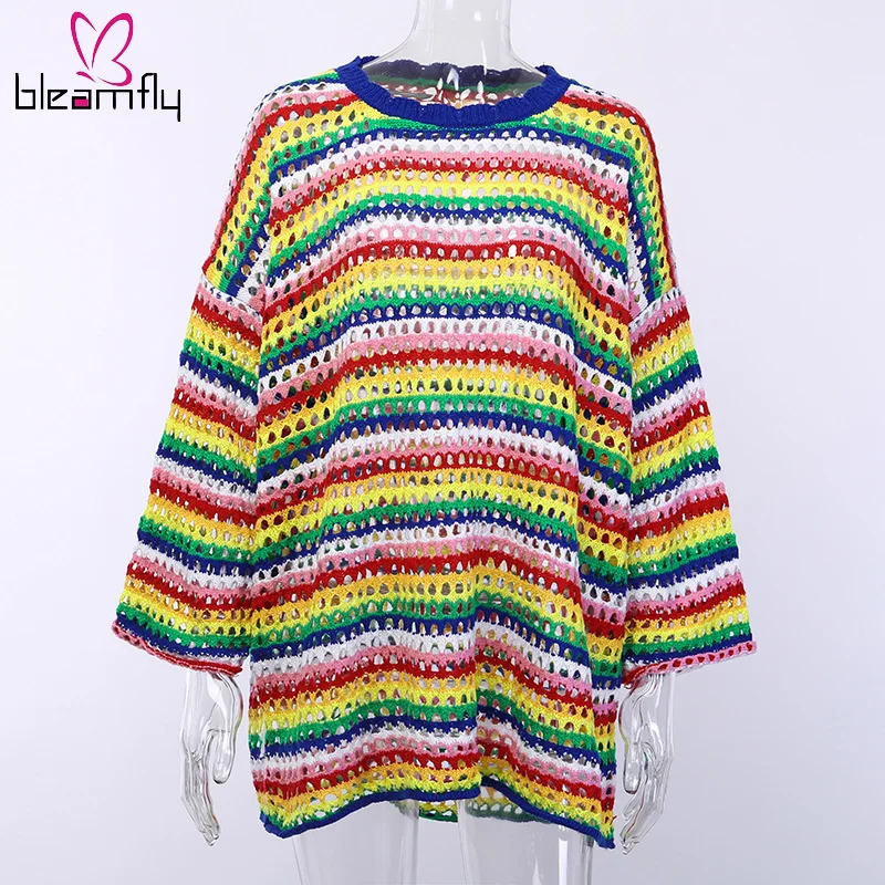 Осенне-зимний женский вязаный свитер с круглым вырезом в радужную полоску топы