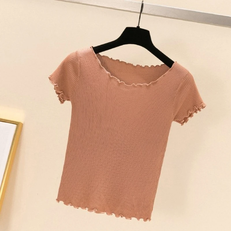 

New Women's T-Shirt Crop Top Korean Top Solid Color Slim Fit T-Shirt Short Cut Navel Short Sleeve Wooden Ear Edge Sweater Tops