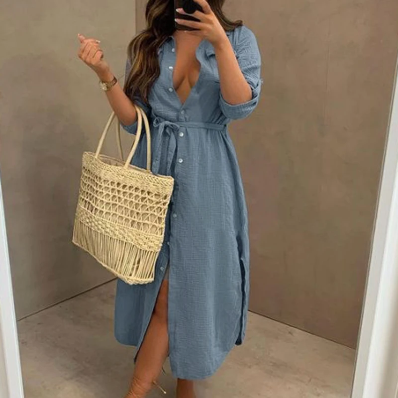 

Turn Down Collar Dresses Women Fashion Buttons Midi Dress Women Elegant Casual Tie Belt Solid Dresses Female Ladies