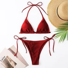 Sexy sólido triângulo biquíni maiô feminino 2021 bandagem sem costas duas peças maiô brasileiro beachwear biquini conjunto (3)