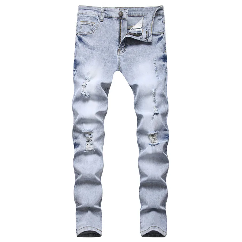 

Ordinary cotton youth blue straight-leg pants mid-rise casual trousers North American wind stretch ripped jeans hip hop pants