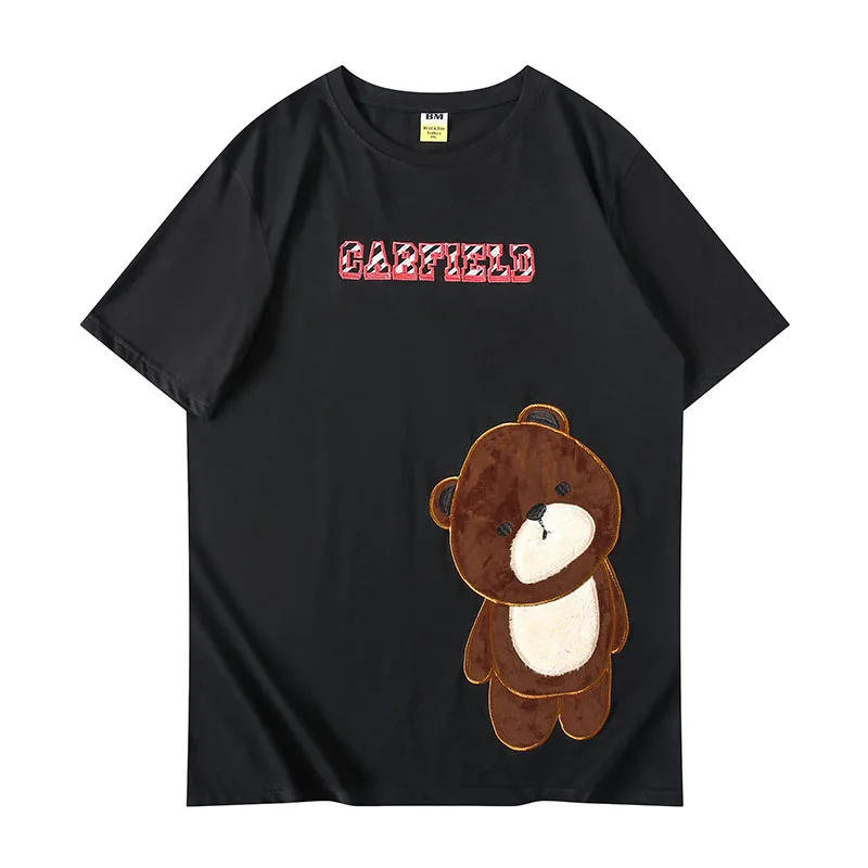 

Cotton Men T shirt 2021 New Summer Loose Drop Shoulder T-shirt Men Embroidery Letter Velvet Bear Casual Male Tees Tops Hot Sale