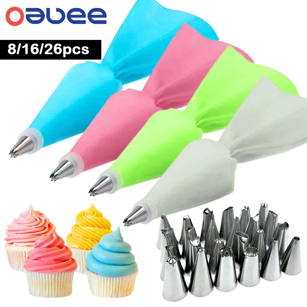

8/16/26Pcs/Set Silicone Pastry Bag Tips Kitchen Cake Icing Piping Cream Cake Decorating Tools Reusable Pastry Bags+24 Nozzle Set