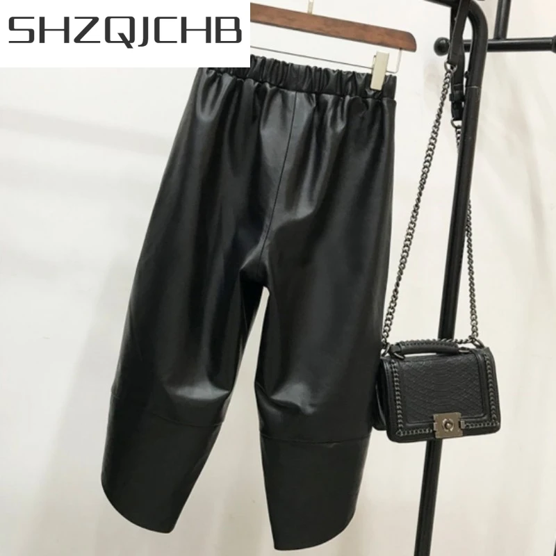

JCHB 2021 High Street Women Loose Fit Mid Calf Real Sheepskin Harem Pants Casual Hip Hop Streetwear Elastic Waist BF Genuine Lea