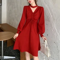 vintage red mini dress women sexy v neck evening party dress korean one piece elegant shirring design long sleeve y2k dress 2021