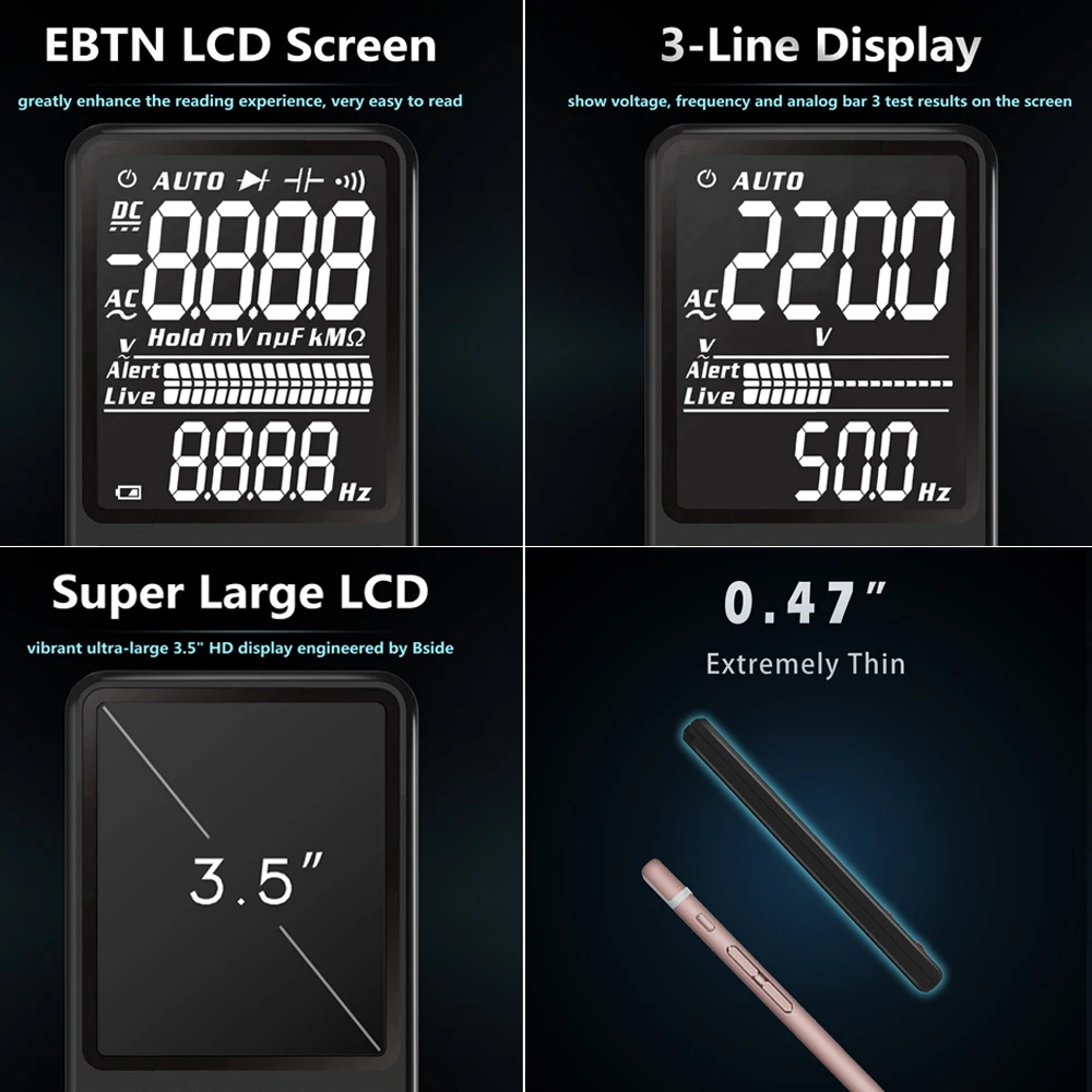 BSIDE-multímetro Digital, probador analógico de pantalla EBTN, voltímetro DC AC, diodo de capacitancia, NCV Ohm Hz, indicador LED de voltaje en vivo
