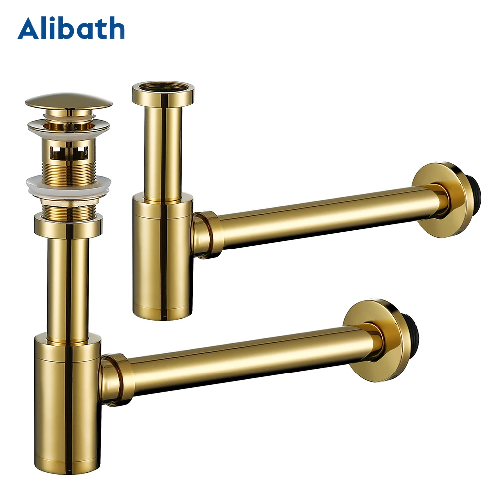 

Luxury Bottle Trap Brass Round Siphon Gold P-TRAP Bathroom Vanity Basin Pipe Waste With Pop Up Drain With Without Overflow