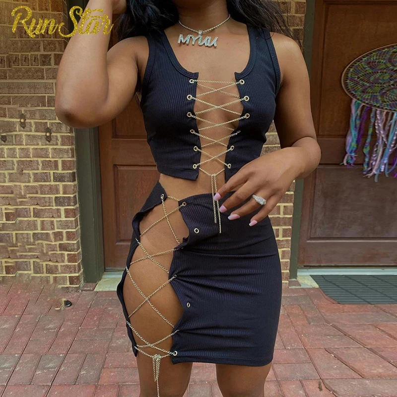 

RunStar Summer Women Bodycon Lace Up Hollow Out Metal Chain 2 Piece Sets Women Skirt Sleeveless Crop Top Mini Skirts Set Female