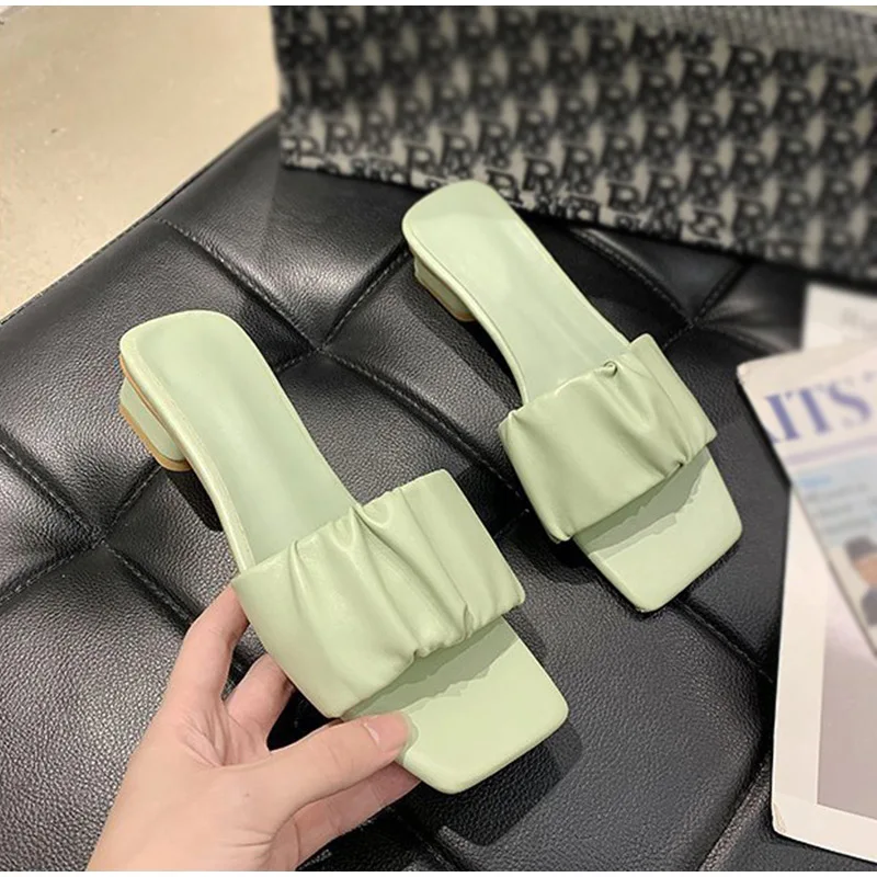 

Women Sandals Summer Slides Low Heels Woman Shoes Open Toe Flat Casual Leisure Slipper Female Square Toe Slipper 2021 Summer