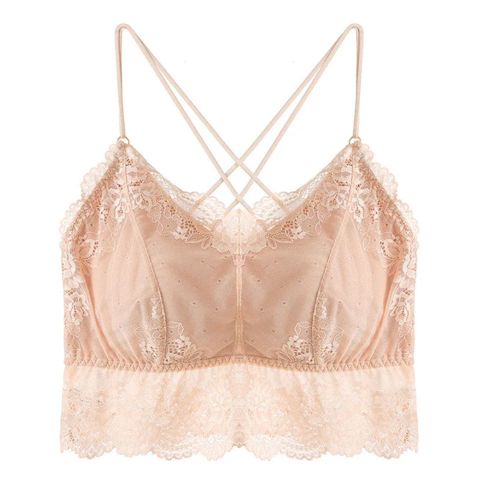 

Women Sexy Lace Detachable Chest Pad Bras Back Cross Spaghetti Strap Crop Top Backless Camisole