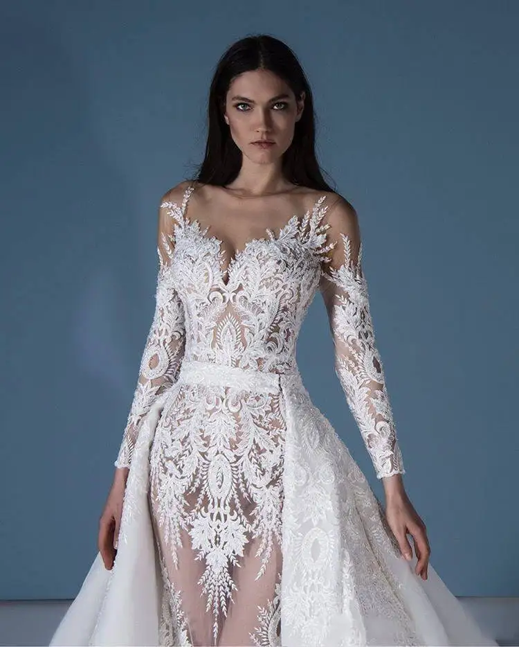 Vestido De Noiva 2020 Long Sleeve Mermaid Wedding Dress With Detachable Train Luxury Dubai Sheath Lace Appliqued Bridal Gown