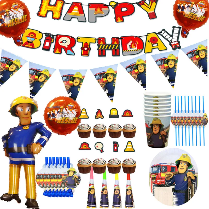 

Украшения для дня рождения Sam Fireman, воздушные шары, топпер для кексов, баннер, тарелка для мальчика, пожарная драка, искусственное украшение