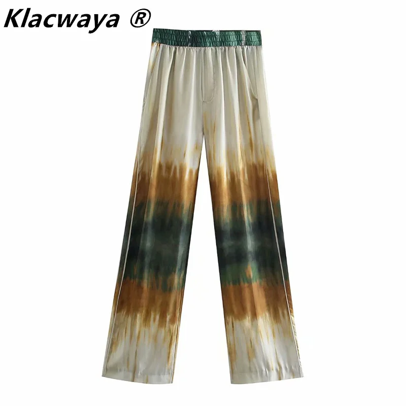 

Klacwaya Za для женщин 2021 лето галстук-краска для брюк Женский Высокая талия широкая одежда для ног, Детские прямые брюки, шикарные женские брюки Pantalones