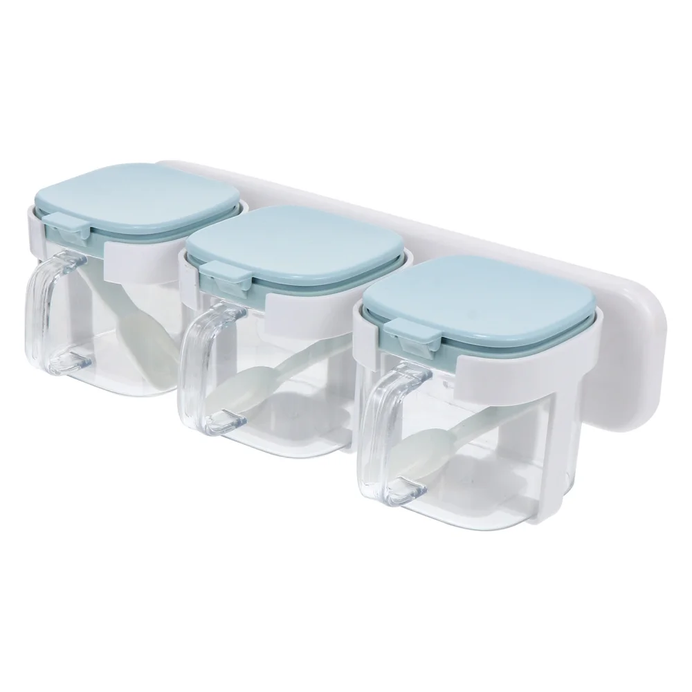 

3pcs Wall Hanging Seasoning Boxes with 3 Spoons and Punch Free Hanging Rack
