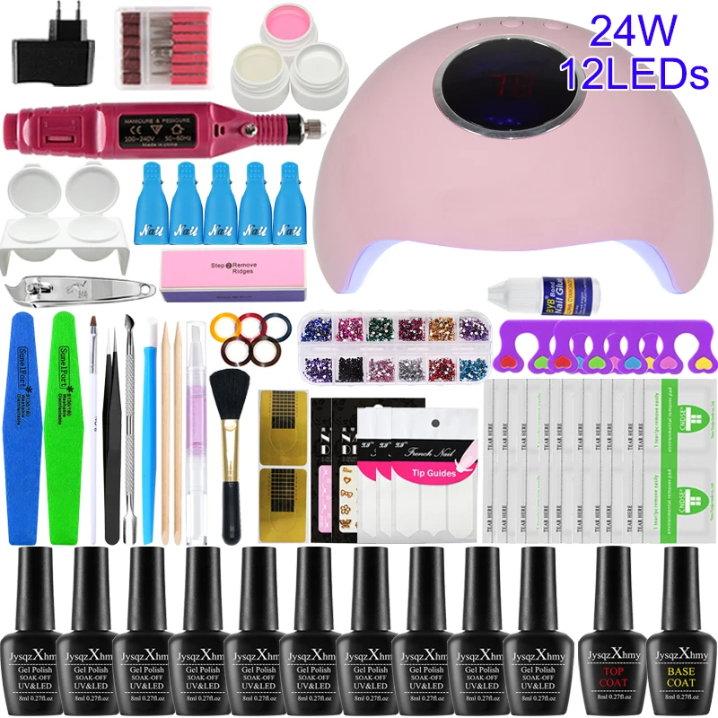 Лак для ногтей setuv гель и Электрический маникюрный набор инструментов искусства 0/6/10/12 Цветной Гель-лак для ногтей Лаки Расширение Комплект 36 Вт УФ Led NailLamp набор - Цвет: 10 colors 24W