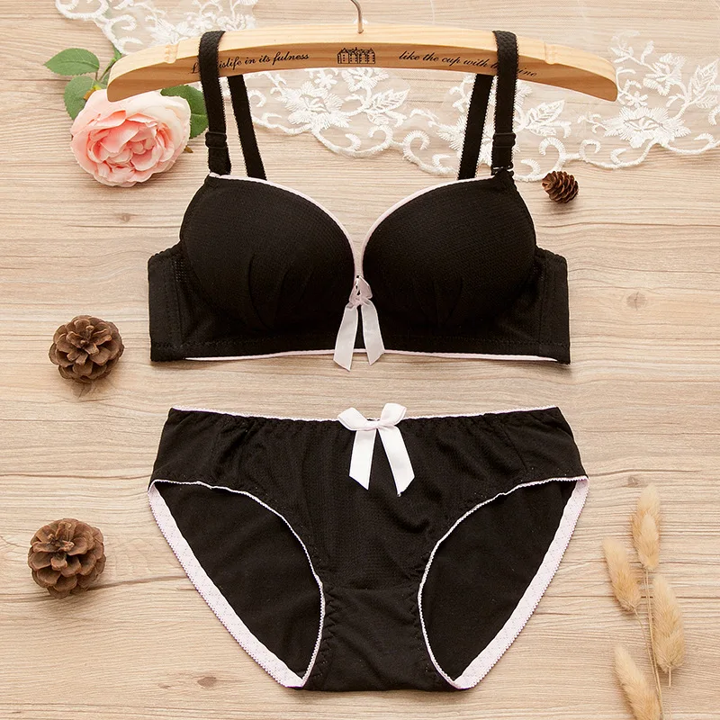

New Sexy No Steel Ring Bra Girl Student Cute Solid Color Pure Cotton Adjustable Underwear Bra Set