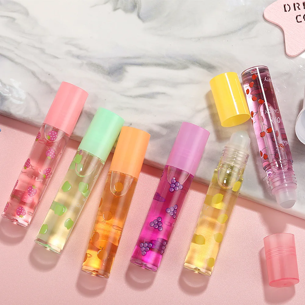 6colors Fruit Flavour Roll-On Lip Oil Moisturizing Mirror Transparent  Lip Balm Long Lasting Hydrating Women Lip Gloss Cosmetics