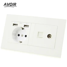 Avoir DE EU Spain Plug Power Socket Dual USB RJ45 Data TV Computer Television Port Socket Outlet PC Panel Double Socket