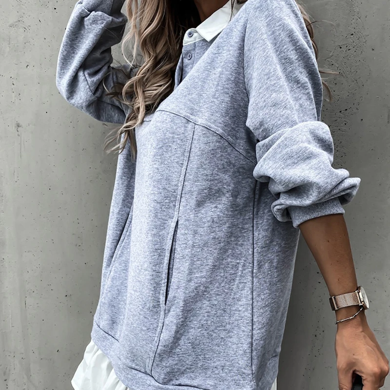 

Women Autumn Loose Sweatershirt Dress Winter Long Sleeve Pleated Shirt Dress Polo Collar Female Casual Patchwork Hoodies Dress
