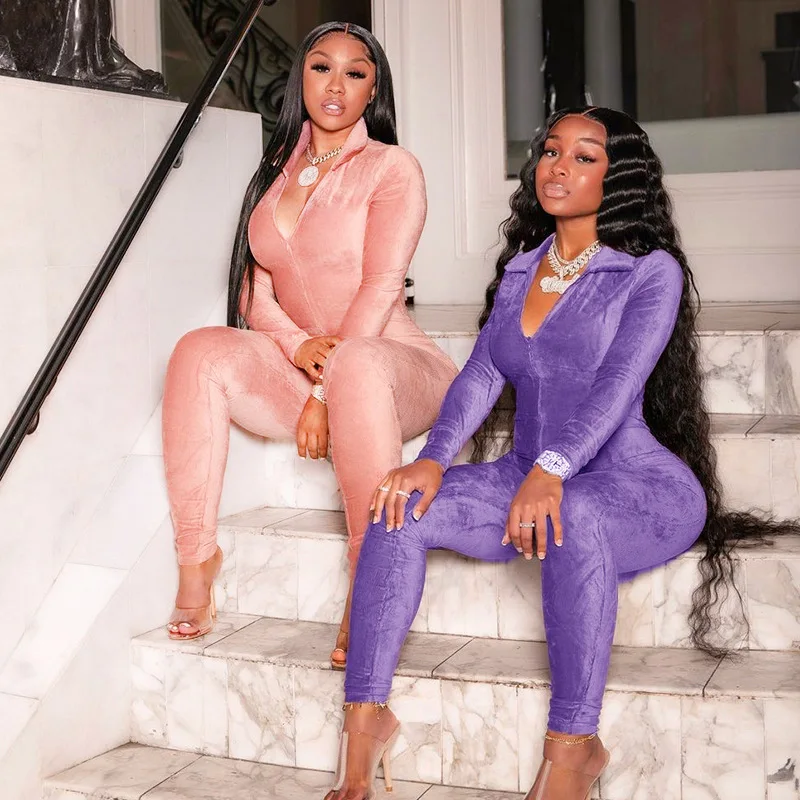 

Velvet Rompers Womens Jumpsuit Sexy Zipper V Neck Long Sleeve Leggings Body Solid Jumpsuit Women 2021 New Autumn Winter Outfits