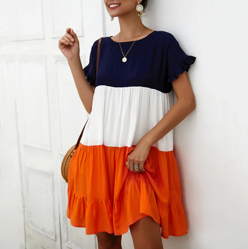 2019 летние современные женские повседневные Лоскутные с круглым вырезом новые