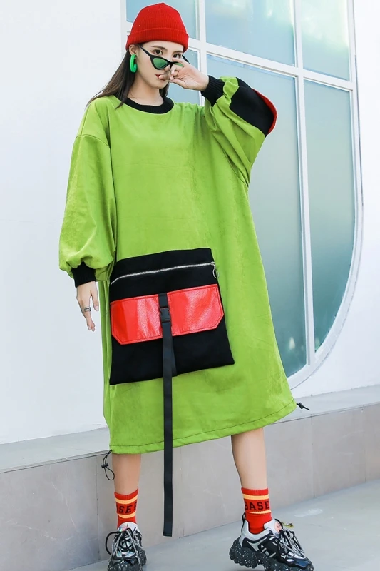

Autumn long-sleeved dress, long temperament velvet surface, fashionable stitching pockets, loose and thin, plus size long skirt