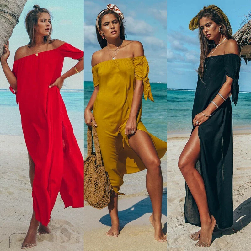 

Sexy Off Shoulder Beach Dress Women Tunic Swimsuit Short Sleeve Solid Cover Up Summer Maxi Beach Dresses