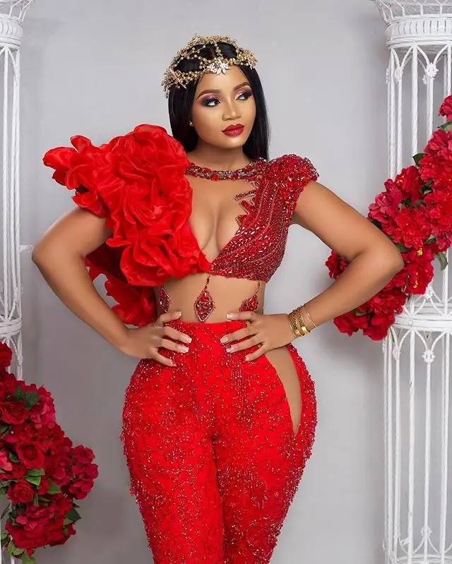 Luxury Beading Red Jumpsuits Prom Dresses With Detachable Skirt African Crystal Ruffles Evening Dress Plus Size Formal Gowns