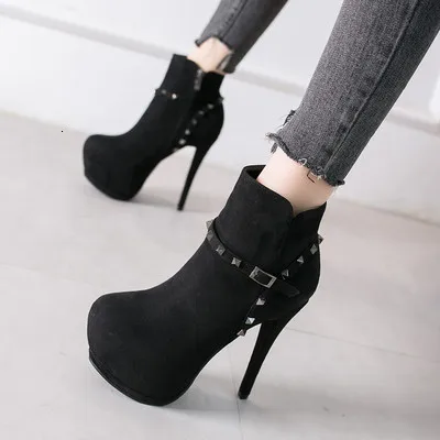 black suede 14 см, на очень высоком каблуке туфли на высоком каблуке женские ботильоны Водонепроницаемый пикантная обувь на платформе ботинки martin модные заклепки Шпильки полусапожки Женские туфли - Цвет: black suede
