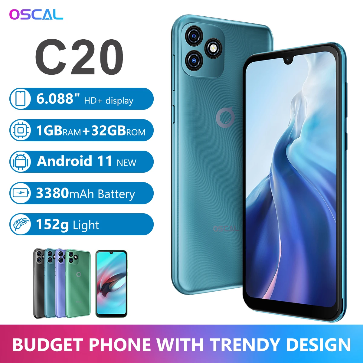 BLACKVIEW OSCAL C20 Smartphone SC7731E Quad Core 1GB+32GB 6.088 Screen 3380mAh Cellphone Dual Camera Android 11 3G Mobile Phone