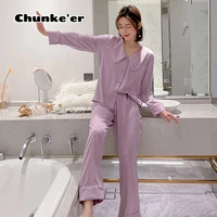 2021 new style pajamas womens two piece set spring and autumn ice silk long sleeve set french elegant large home clothes