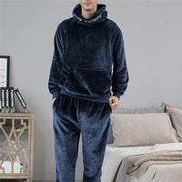 2021 pajama sets winter long sleeve thick warm flannel hooded sleepwear suit for men coral velvet lounge homewear home clothes