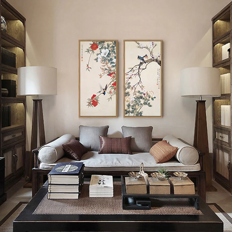 

Classic Chinese style flowers and bird painting, plum blossom bird songs, artistic image, posters for home decor