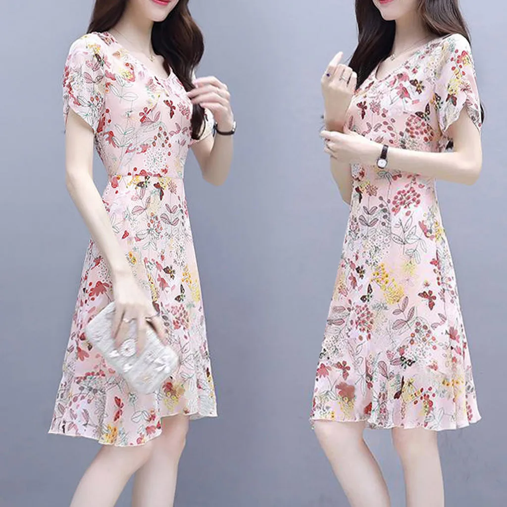 Модное повседневное женское мини-платье с круглым вырезом и коротким рукавом