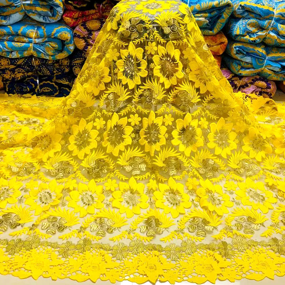 

Yellow Embroidered African Lace Fabric Flowers With Stones High Class Fren5ch Guipure Tissu Africain Sewing Dress Material