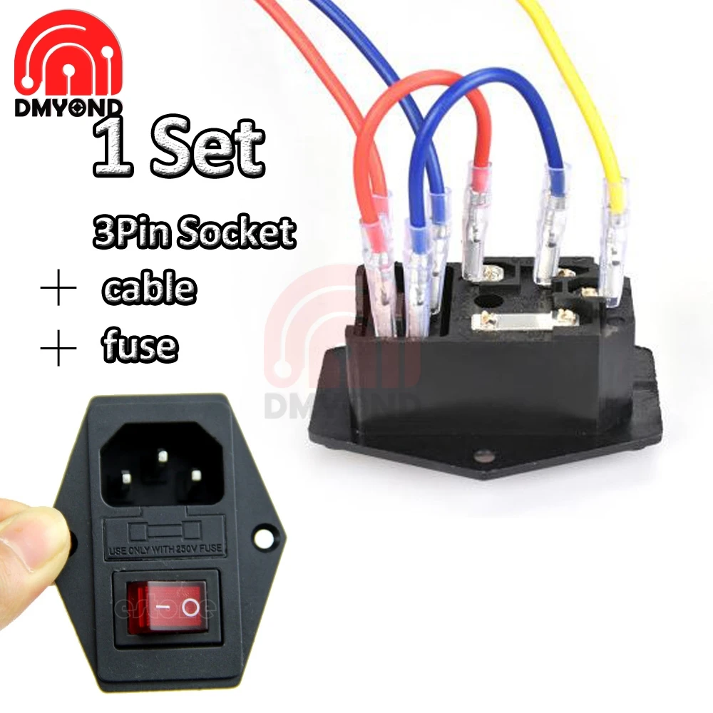 

1Set AC 250V 10A Black Red 3-Pin Terminal Power Socket with Fuse Holder Rocker Switch 3pin 3p 3 pin 3 Terminal + cable +fuse