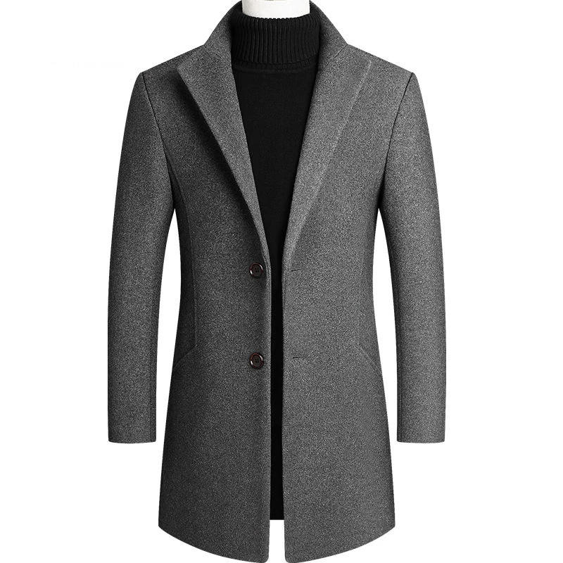 

Мужская зимняя куртка, однобортная куртка, модный однотонный тренчкот с длинным рукавом, верхняя одежда из смесовой шерсти, ветровка