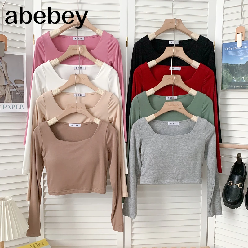 

Fashion square collar long sleeve T-Shirt high waist short solid color multicolor bottoming T-Shirt Top 2021 New Spring Autumn