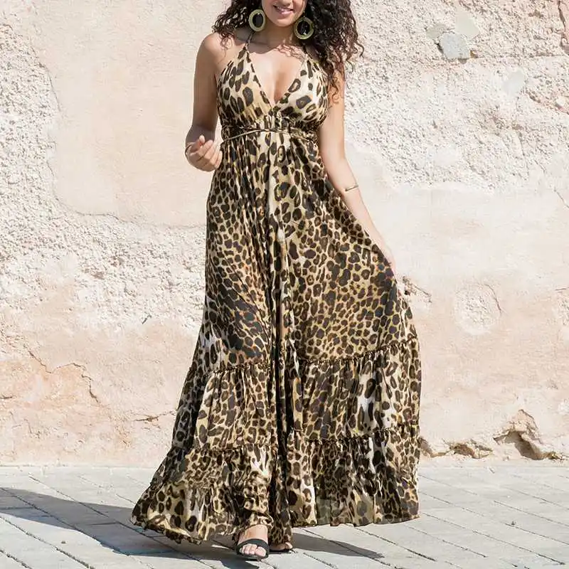

Women Sexy Leopard Dress Spaghetti Strap Ruffle Swings Maxi Long Dress Plus Size 2021 Summer Sleeveless Party Vestido