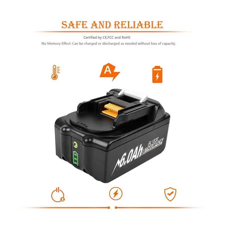 Замена литий-ионной перезаряжаемой батареи 6 0 Ач для аккумуляторных дрелей Makita 18