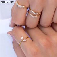 minimalist thin crystal leaf rings for women engagement wedding jewelry fashion gift korea female resizable opening rings