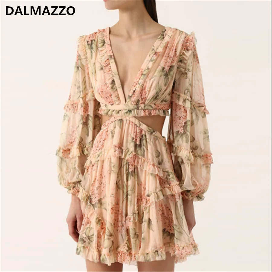 Женское шифоновое платье мини с рукавами фонариками и цветочным принтом лето