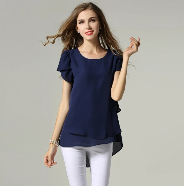 Large 3XL 4XL 5XL Plus Size chiffon blouse 2020 Summer short sleeve shirts Yellow Navy White Black women tops camisa feminina | Женская