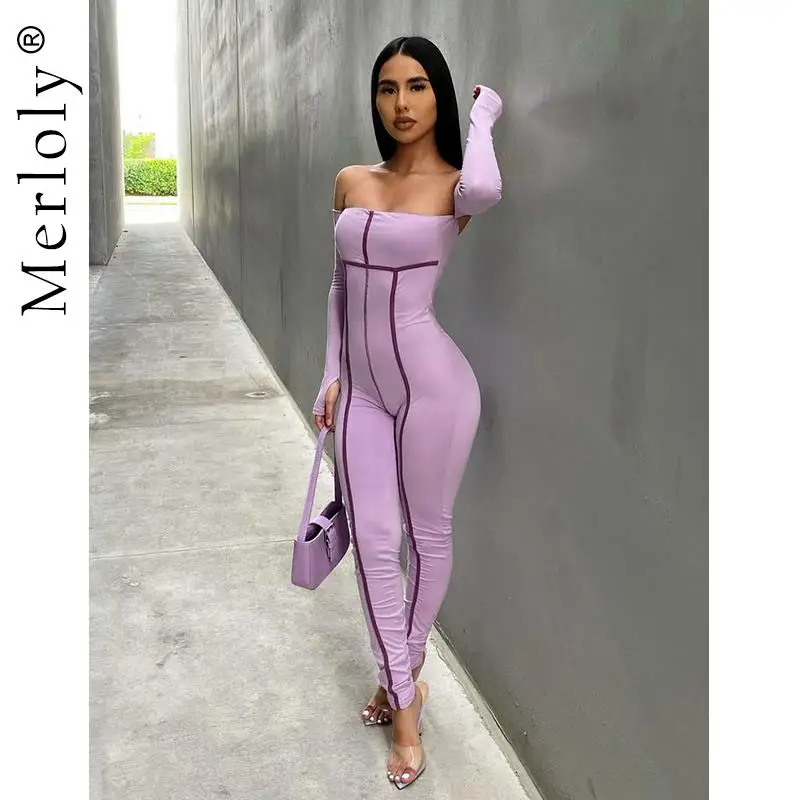 

Женский комбинезон в полоску, Облегающий комбинезон с открытыми плечами, длинным рукавом и открытой спиной, без бретелек, осень 2021