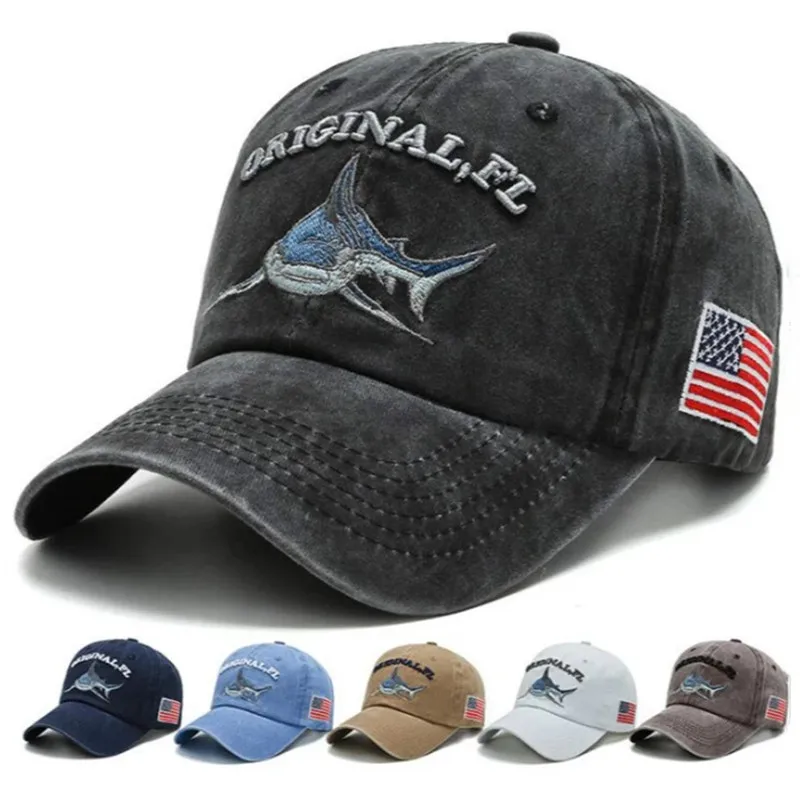 Gorras de béisbol con estampado de tiburón y bandera americana para hombre, sombrero de béisbol con diseño de Animal, Snapback, hip-pop, informal, Retro, algodón
