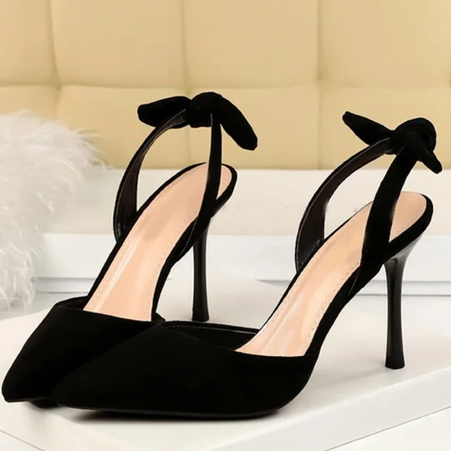 Boussac Elegant Bowtie Slingback High Heel Women Pumps Sexy Pointed Toe High Heels Ladies Shoes Suede Thin Heel Party Shoes B233