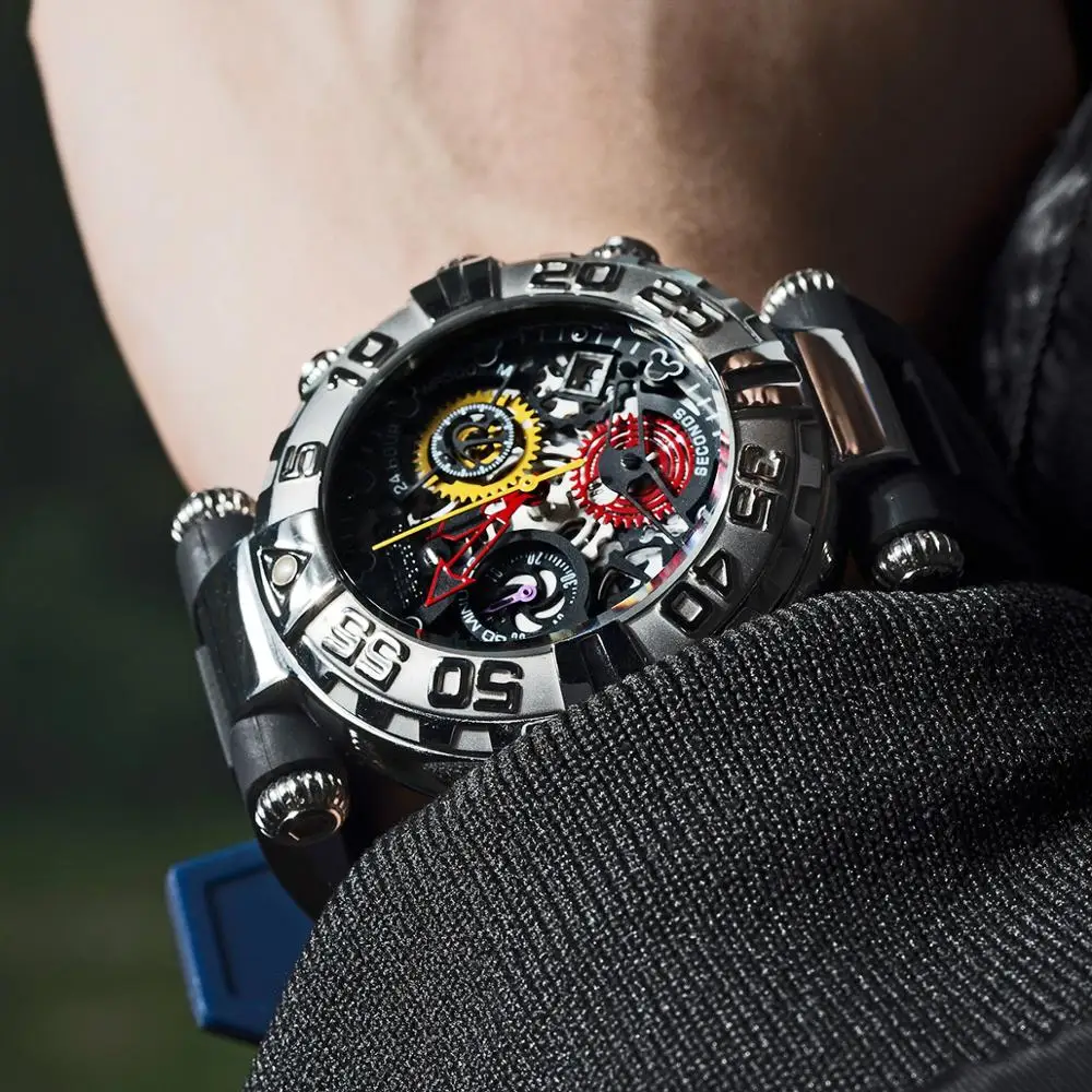 Мужские наручные часы Reef Tiger/RT спортивные с резиновым ремешком и стальным