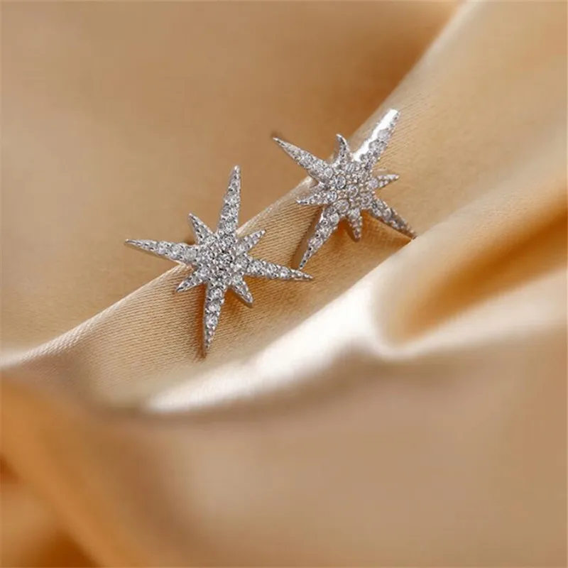 

925 Sterling Silver Star Piercing Stud Earrings For Women Girls Bridal Engagement Jewelry Pendientes eh839