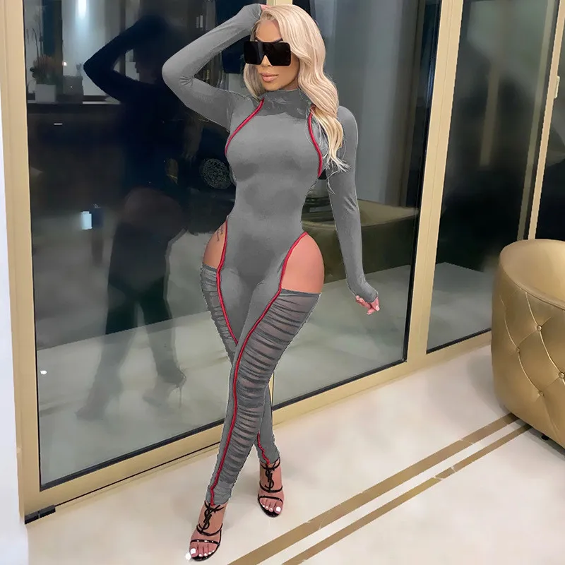 

Plus Size Jumpsuit Sexy Women Hollow Out Mesh See Through Patchwork Bodycon One-piece Bodysuit Long Sleeve Striped Rompers New